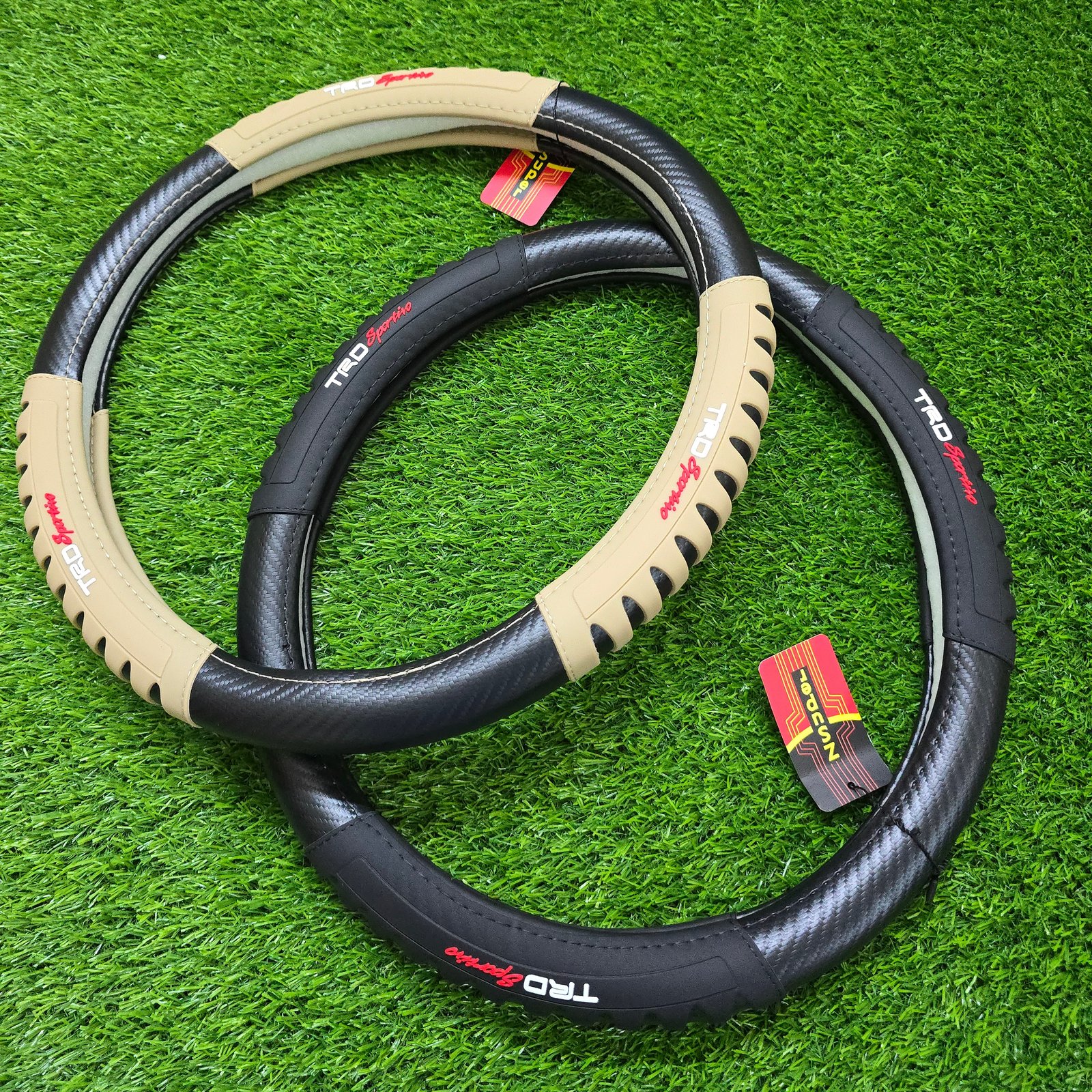 TRD Sportivo Premium Steering Wheel Cover – Black & Beige Carbon Edition
