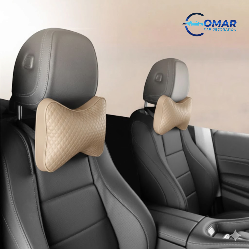 2PCS Beige PU Leather Car Neck Pillow – Premium Comfort Headrest Cushion